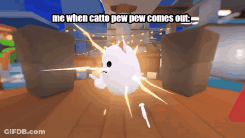 White Cat Saying Me When Cotto Pew Pew Comes Out GIF