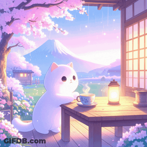 White Cat Sitting At Table With Cup Of Tea GIF