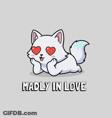 White Cat Surrounded By Red Hearts Madly In Love GIF