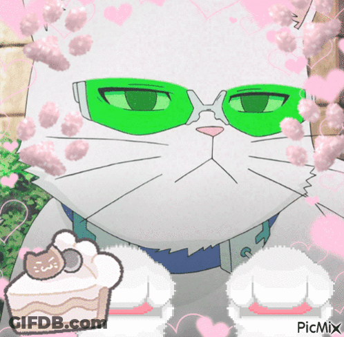 White Cat With Green Glasses And Cake With Cat GIF