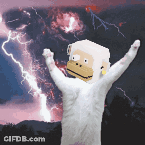 White Cat With Monkey Mask In Lightning Storm GIF