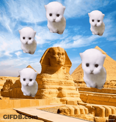 White Cats Flying Over Sphinx Near Pyramid GIF