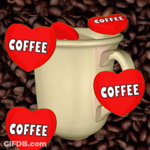 White Cup With Red Hearts Saying Coffee GIF