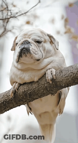 White Dog Sitting On Tree Branch Looking At Camera GIF
