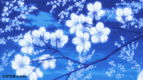 White Flowers Against A Blue Sky With A Moon In The Background GIF