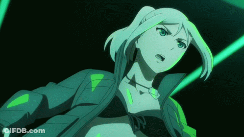 White-Haired Blue-Eyed Girl In Green Jacket And Black Top GIF