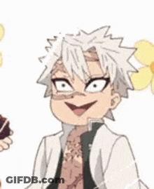 White Haired Cartoon Character Smiling Holding Flower GIF