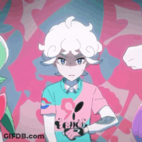 White Haired Cartoon In Pink Blue Shirt With Spoon GIF