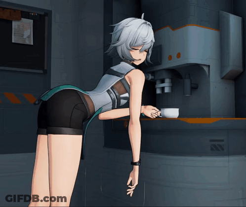 White-Haired Girl Bending Over Holding Cup GIF