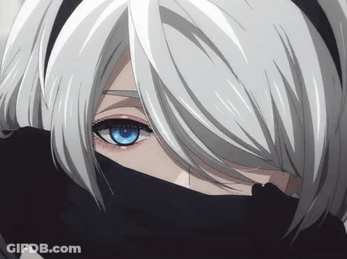 White-Haired Girl Covering Face With Black Scarf GIF