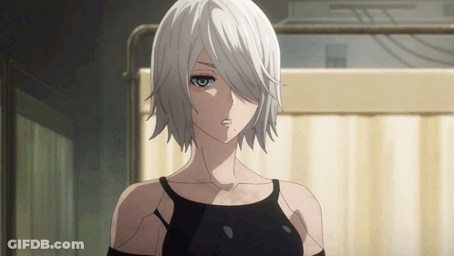 White-Haired Girl In Black Top Looking At Camera GIF