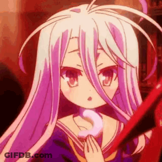 White-Haired Girl With Purple Eyes Holding Red Object GIF