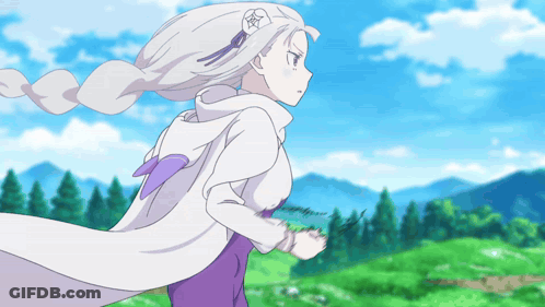 White-Haired Girl With Purple Wings Running Field GIF