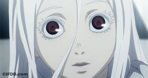 White-Haired Girl With Red Eyes Looking At Camera GIF
