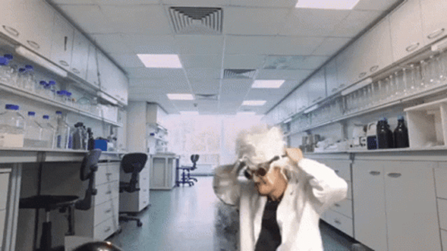 White Haired Mad Scientist Laboratory Dance GIF