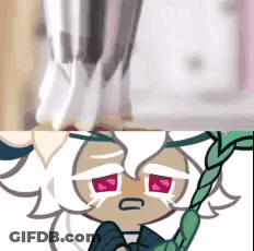 White-Haired Red-Eyed Character Holding Green Stick GIF