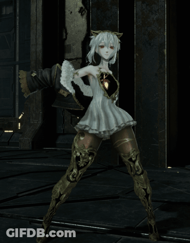 White-Haired Red-Eyed Girl In White Dress, Black Coat GIF