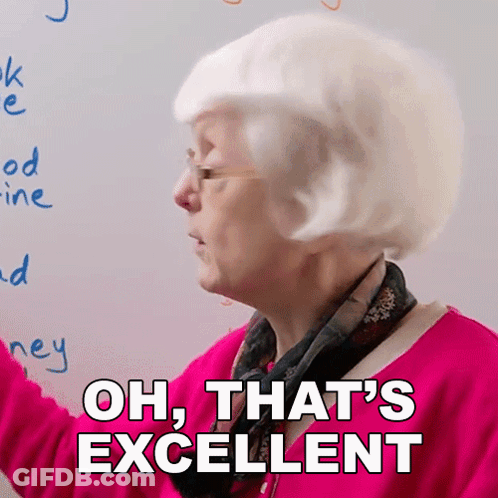 White-Haired Woman Says Oh That's Excellent On Whiteboard GIF