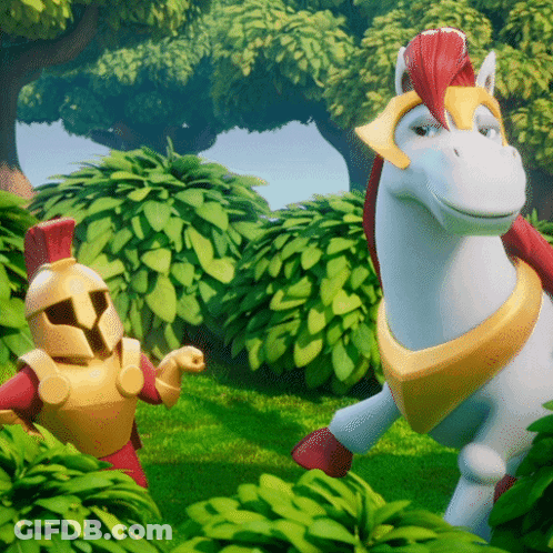 White Horse With Red Mane Next To Knight In Armor GIF