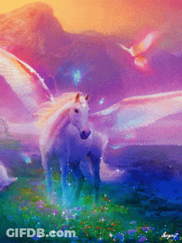 White Horse With Wings And Unicorn GIF