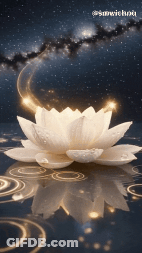 White Lotus Flower Floating In Galaxy GIF