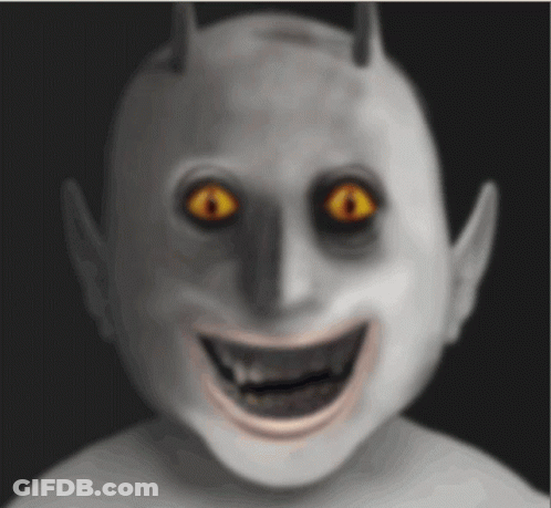 White Monster Smiling With Horns And Yellow Eyes GIF