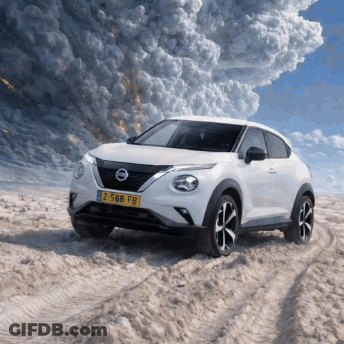White Nissan Car With License Plate Z 588 FB GIF