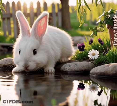 White Rabbit Drinking From Pond With Flowers GIF