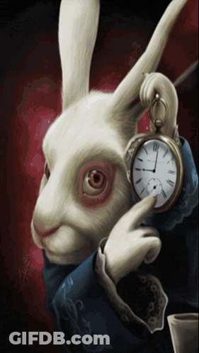 White Rabbit Pointing At Roman Numeral Pocket Watch GIF