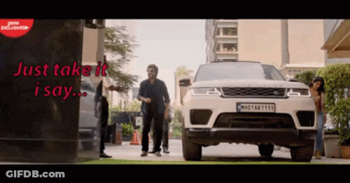 White Range Rover Parked At Building Saying Just Take It I Say GIF