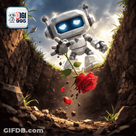White Robot Holding Red Rose With Digi 985 Logo GIF