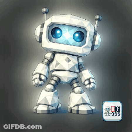 White Robot With Blue Eyes Next To Digi 996 Logo GIF