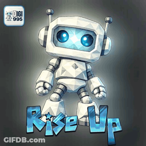 White Robot With Blue Eyes Rise Up GIF