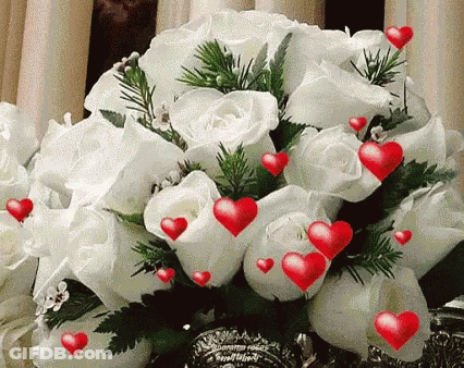 White Roses Bouquet With Red Hearts And Greenery GIF