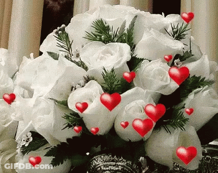 White Roses With Red Hearts And Greenery GIF