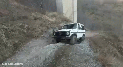 White SUV Driving Down Dirt Road GIF
