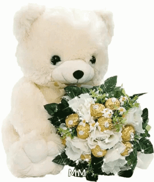 White Teddy Bear And Flores GIF