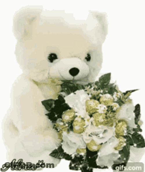 White Teddy Bear Holding Bouquet Buenas Tardes GIF