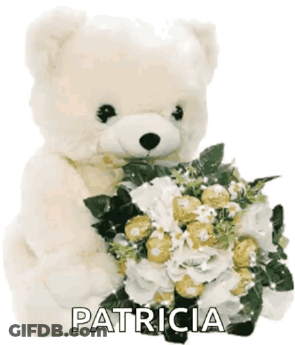 White Teddy Bear Holding Flowers With Name Patricia GIF