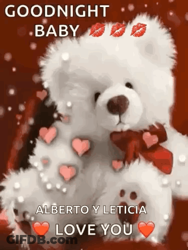 White Teddy Bear With Hearts And Kisses On Red Background GIF