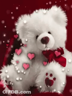 White Teddy Bear With Red Bow, Hearts, Pearls GIF