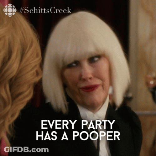 White Wig Woman Says Every Party Has A Pooper GIF