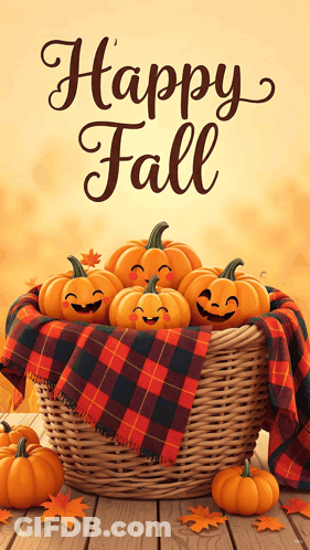 Wicker Basket Of Pumpkins Happy Fall GIF