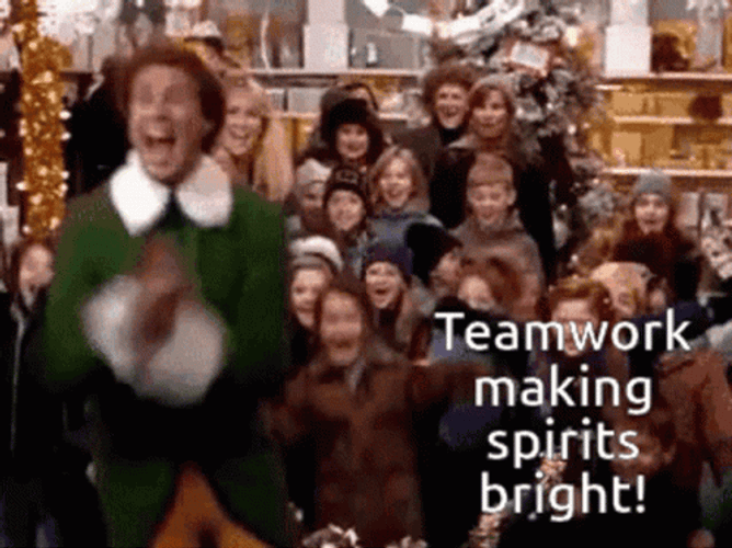 Will Ferrell Elf Team Work Making Spirits Bright GIF