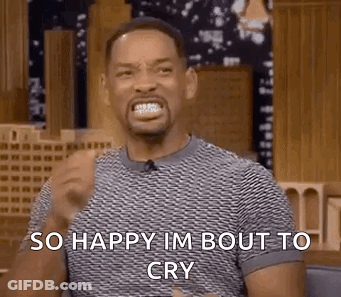 Will Smith Is Making A Funny Face And Saying `` So Happy Im Bout To Cry '' While Sitting In A Chair . GIF