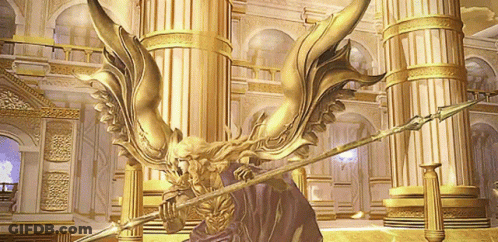 Winged Man Statue Holding Spear GIF