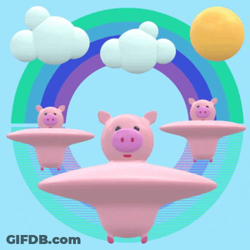 Winged Pink Pigs Fly Rainbow Sky GIF