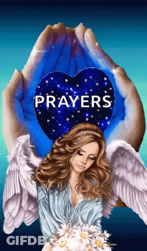 Winged Woman Holding Flowers By Blue Heart Prayers GIF