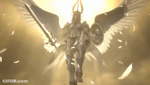 Winged Woman Statue With Sword And Shield GIF