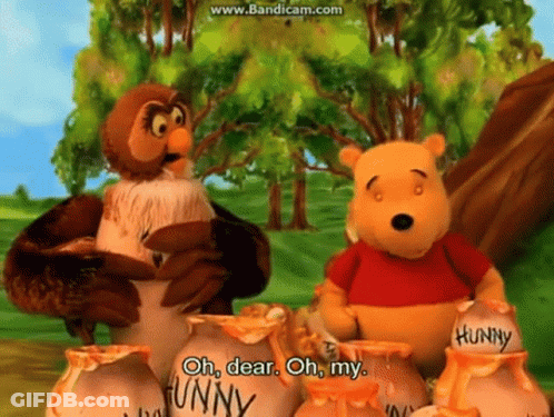 Winnie The Pooh And Owl Are Standing Next To A Pile Of Honey Pots GIF